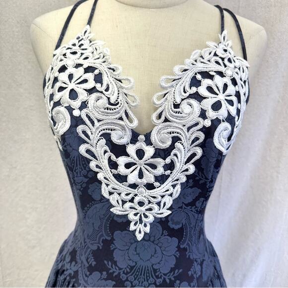 Gunne Sax vintage 80s navy brocade tea length formal/party dress size 7/8 - Picture 8 of 16